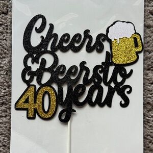 Gold and Black Cheers & Beers to 40 Years Cake Topper. Paper with stick cake top